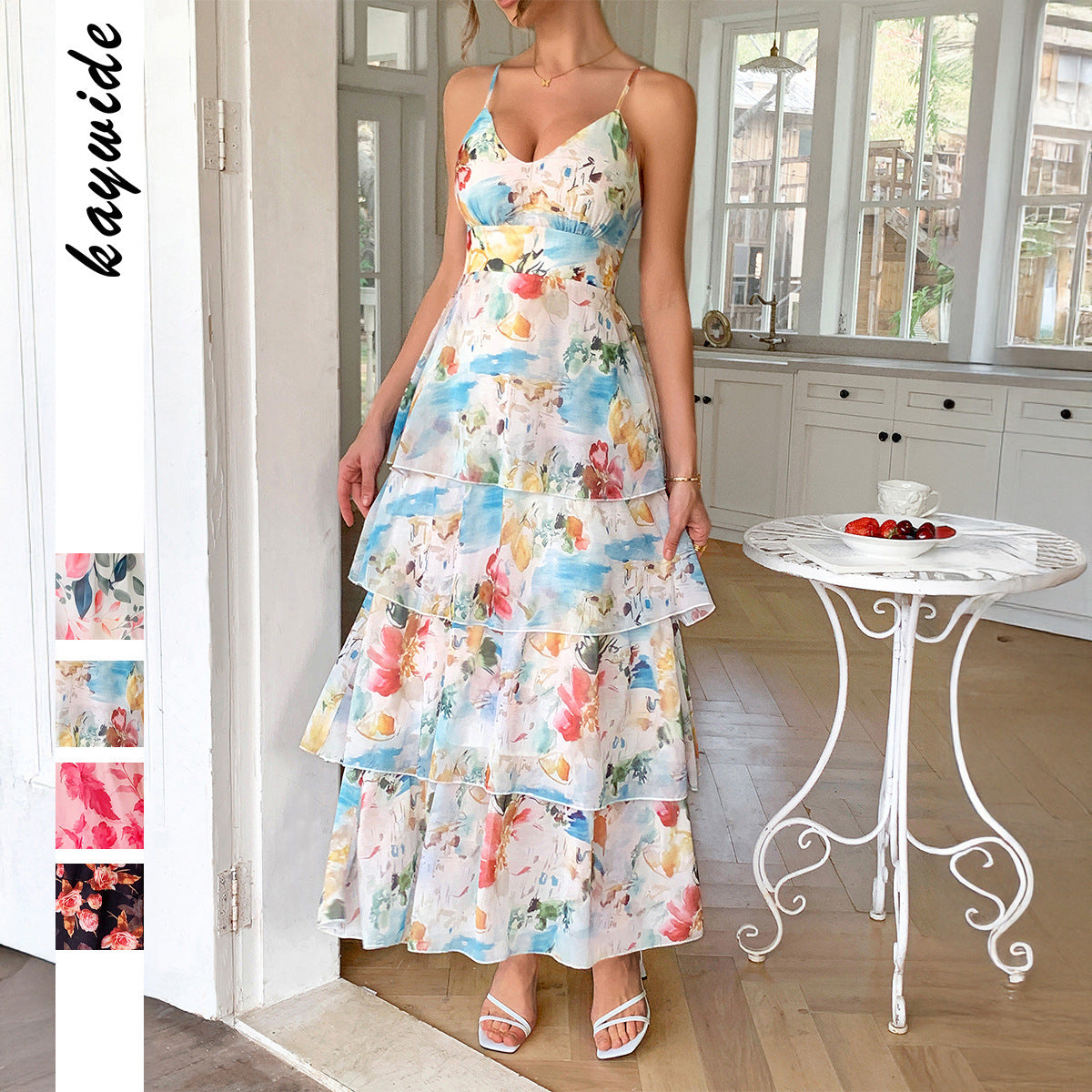 Elegant style suspender printed thousand layer skirt dress