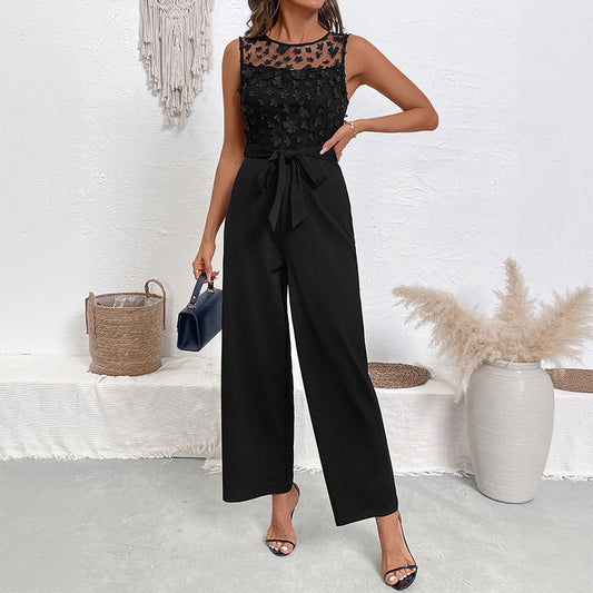 Summer lace round neck sleeveless high waisted lace up straight leg one-piece pants for women