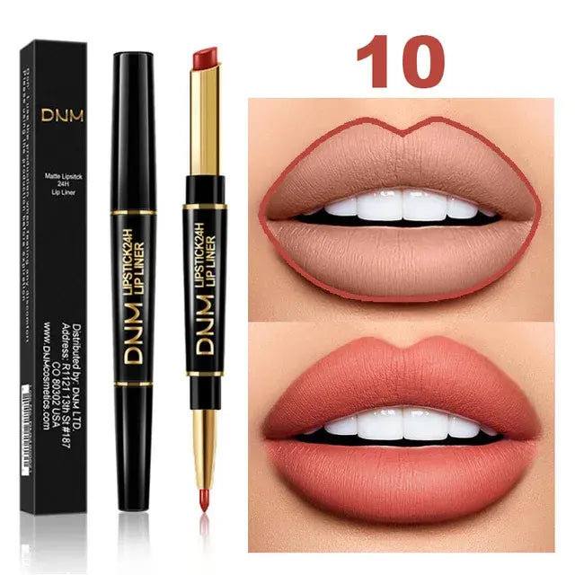 Dual-End Matte & Liner Lipstick - Waterproof Dark Red