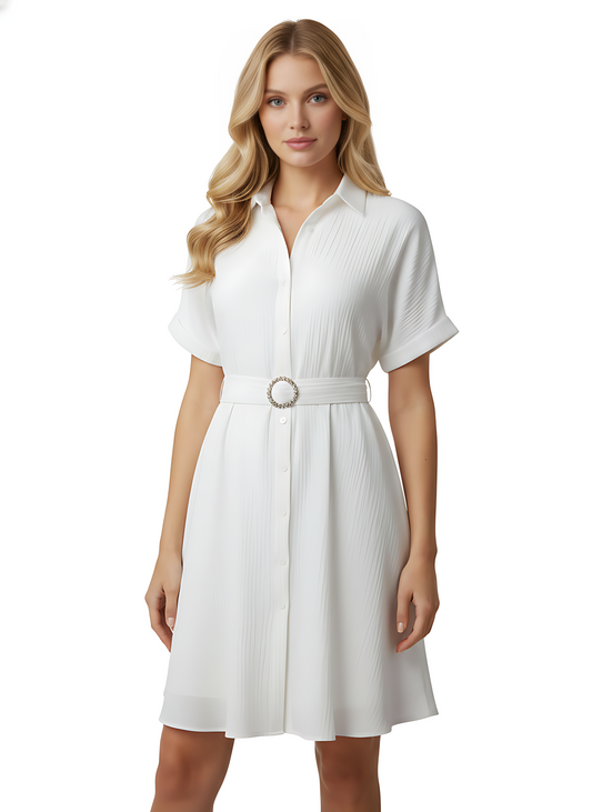 White Stylish Circle Buckle Waist Belt Collared A-Line Dress
