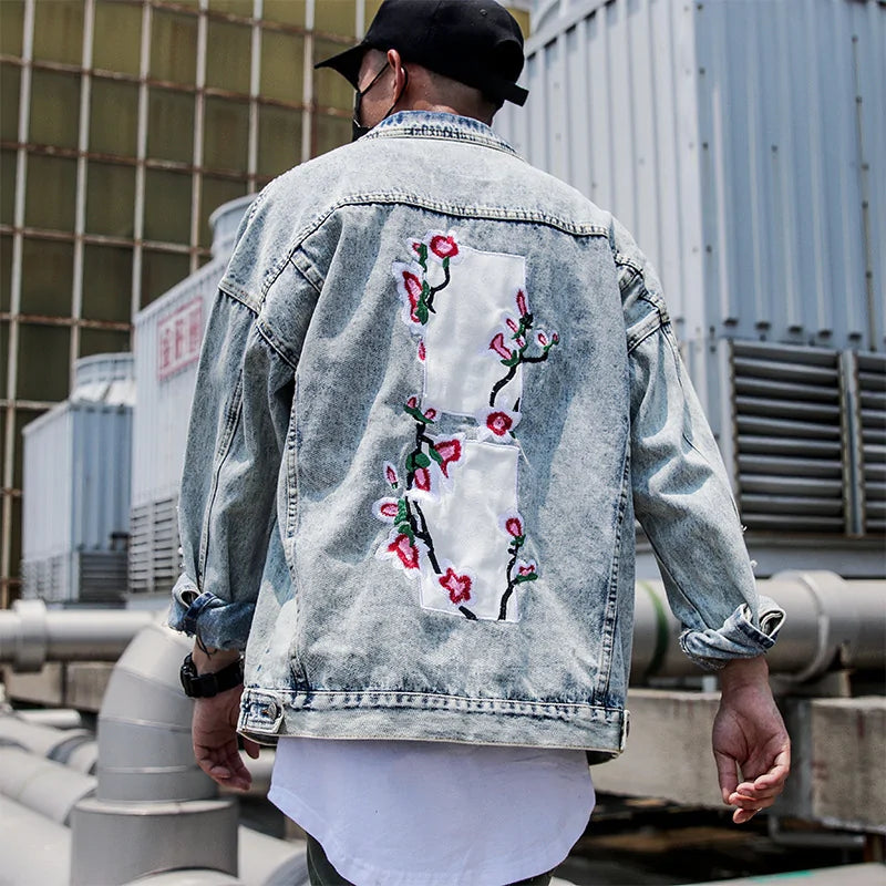 Flower Embroidery Jeans Men's Jacket