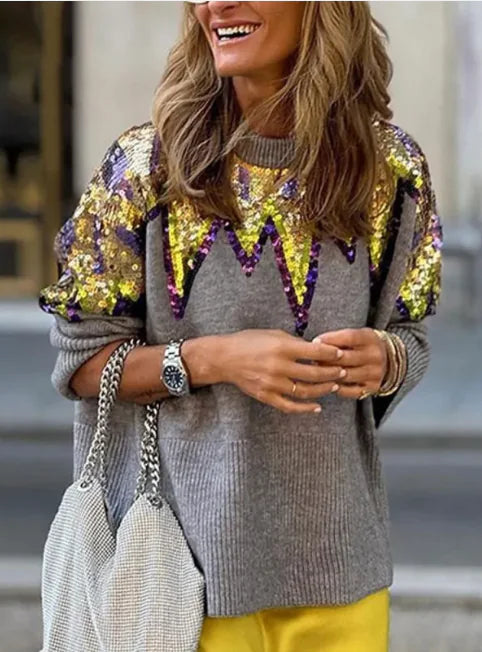 Color block Sequin Pullover Sweater Jumper