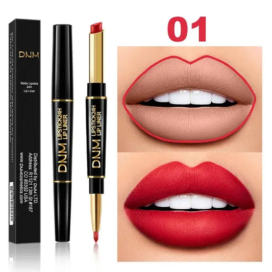 Dual-End Matte & Liner Lipstick - Waterproof Dark Red