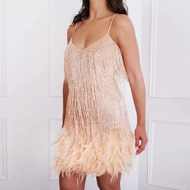 Sexy Women Fringed Sequin Feather Dress