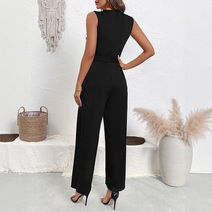 Summer lace round neck sleeveless high waisted lace up straight leg one-piece pants for women