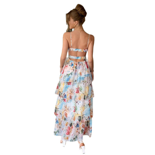 Elegant style suspender printed thousand layer skirt dress