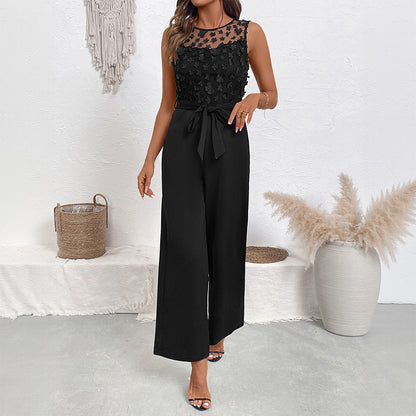 Summer lace round neck sleeveless high waisted lace up straight leg one-piece pants for women