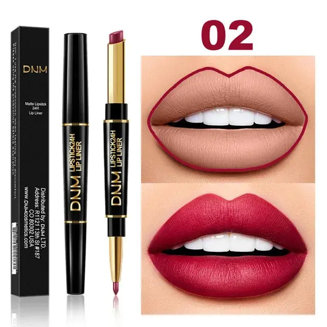 Dual-End Matte & Liner Lipstick - Waterproof Dark Red