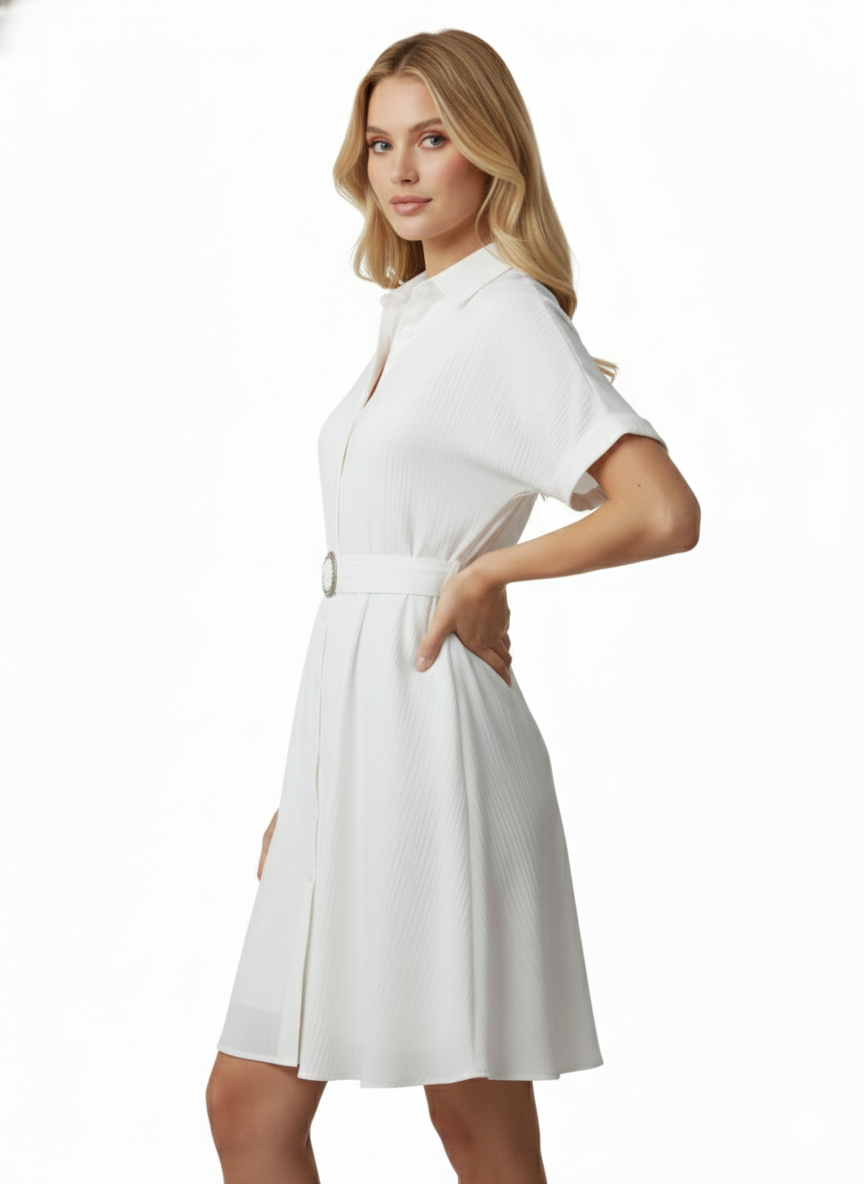White Stylish Circle Buckle Waist Belt Collared A-Line Dress