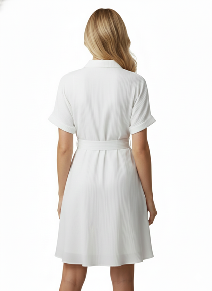 White Stylish Circle Buckle Waist Belt Collared A-Line Dress