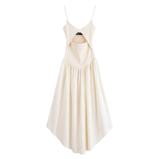 Women’s Summer Beige White Waist Strap Dress