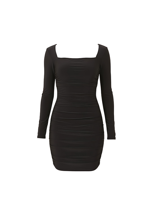 Black Stretch Fit Square Neck Ruched Bodycon Party Style Mini Dress