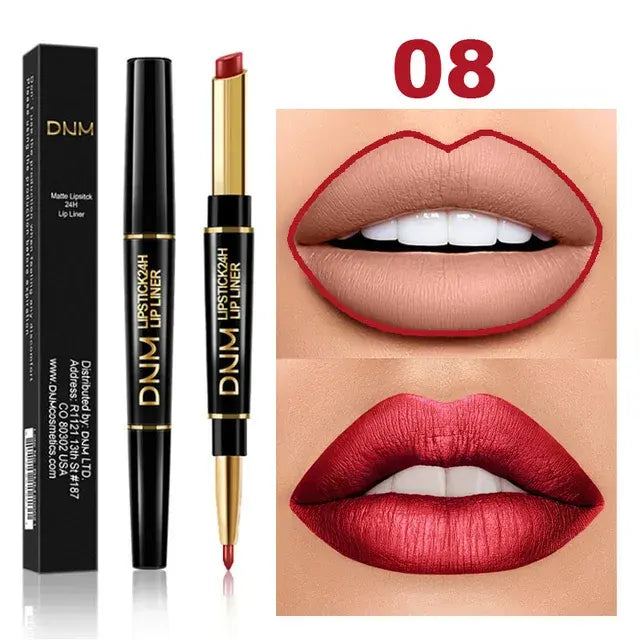 Dual-End Matte & Liner Lipstick - Waterproof Dark Red