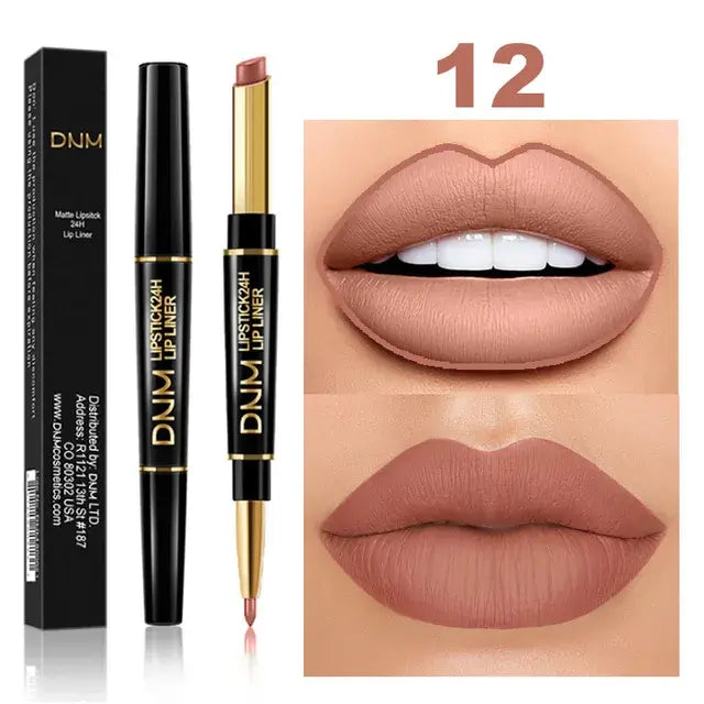 Dual-End Matte & Liner Lipstick - Waterproof Dark Red
