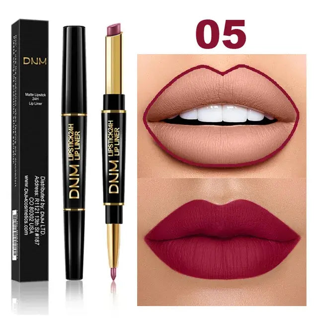 Dual-End Matte & Liner Lipstick - Waterproof Dark Red