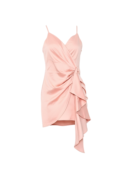 Orange Pink Satin Wrap Spaghetti Strap Ruched Waist Mini Dress