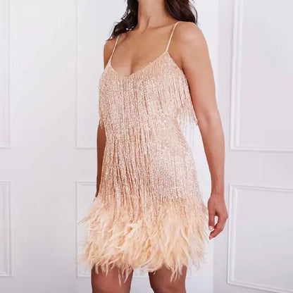Sexy Women Fringed Sequin Feather Dress